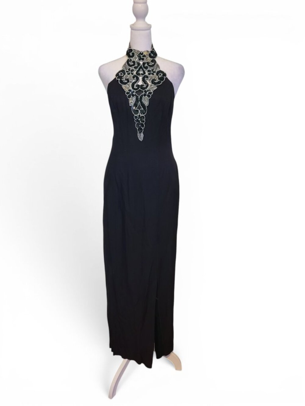 Vintage 80s Zum Zum Goth Retro Glam Black Sequin Jeweled Halter Maxi Dress